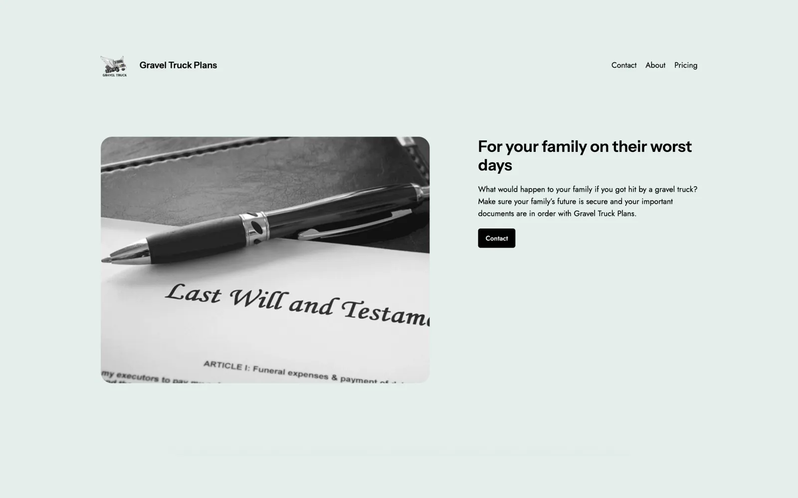 Gravel Truck Plans — End-of-life planning for families who want their paperwork in order before anything goes wrong. A landing page designed to make a hard topic feel approachable.