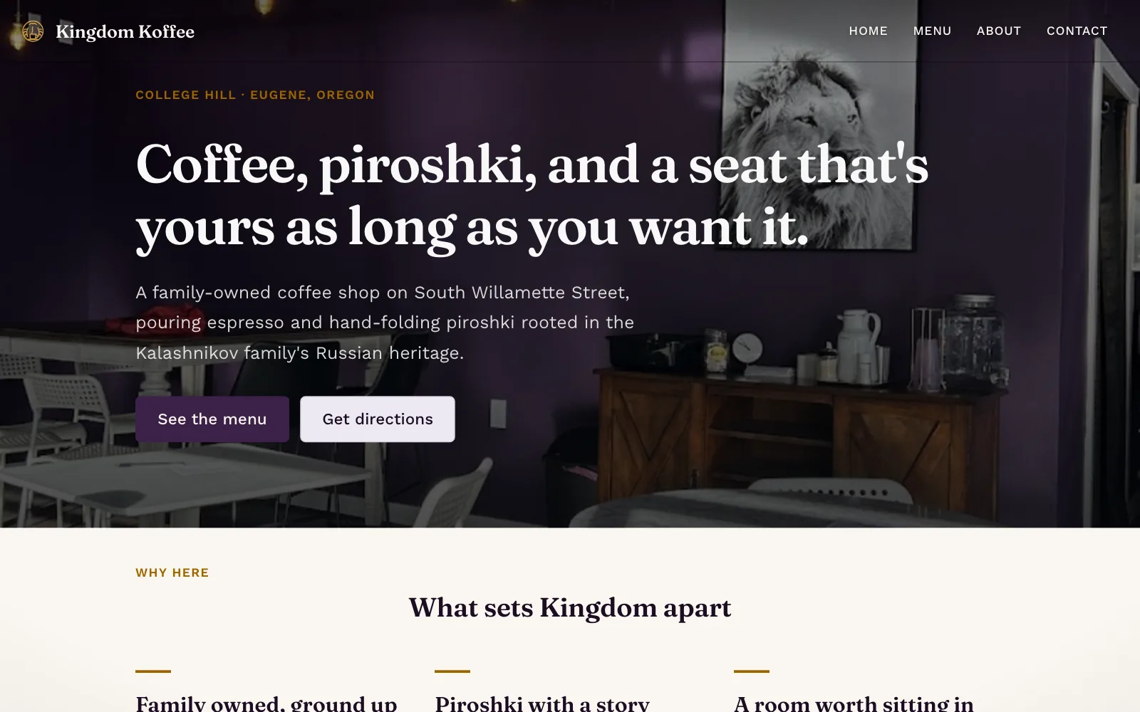 Kingdom Koffee — Concept site for a family coffee and piroshki shop.